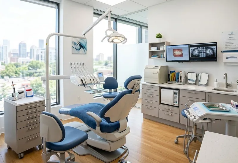 Modern dental chair and equipment in a clean, bright clinic